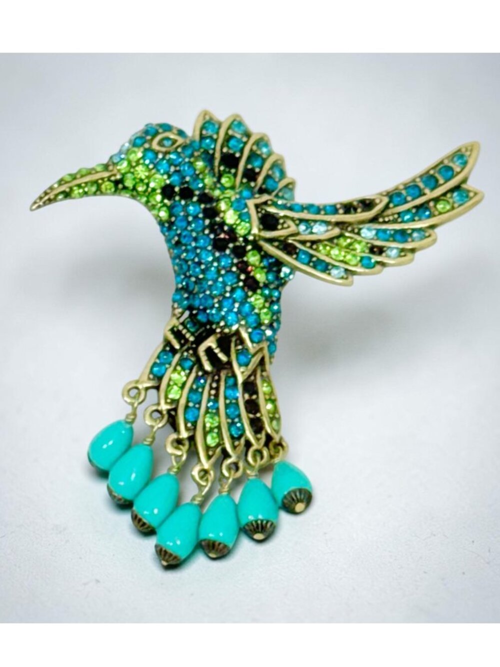 Heidi Daus Hummingbird Combo Brooch Rhinestone Embellished w/Dangling Beads